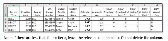 COAT raw marks database in Excel