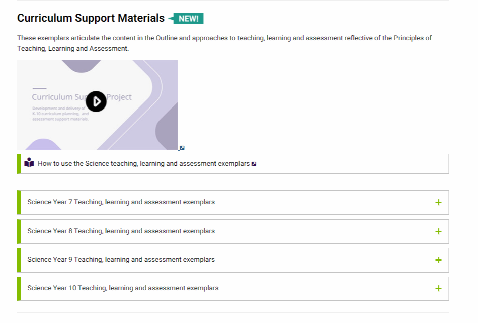 screenshot of Kindergarten to Year 10 Years 7 to 10 curriculum support materials section